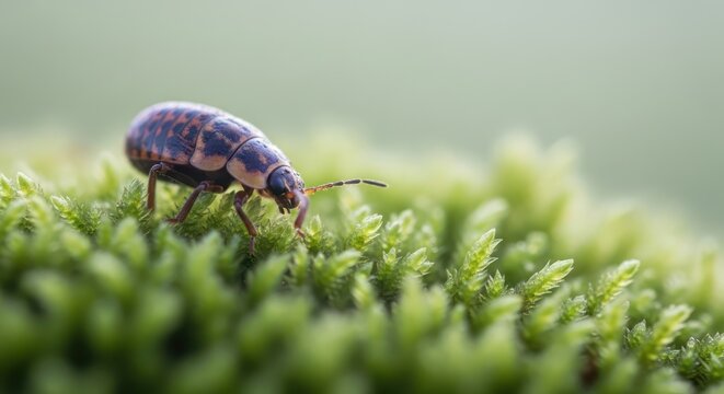 Detailed close-up of a diving beetle amidst verdant moss vegetation showcasing nature's intricacies