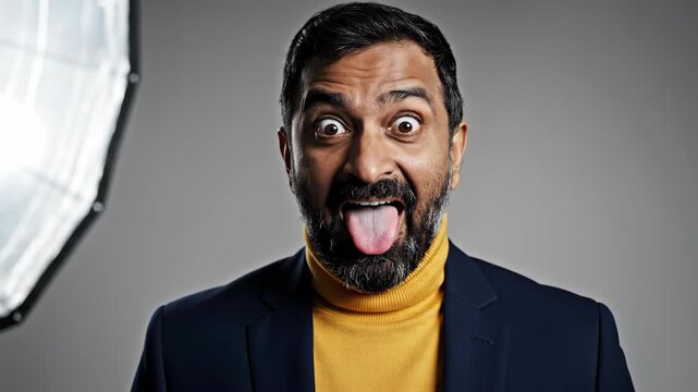 Man Making Funny Faces in Studio with Softbox Lighting.