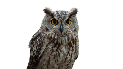 Obraz premium Gray owl with wide open bright round eyes looking directly at camera on white background
