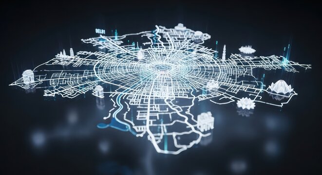 Futuristic technological depiction showcasing urban plan of Delhi India illustration