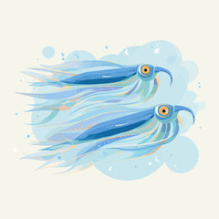 Fototapeta premium Two Blue Flying Squid Creatures in Water Streamers