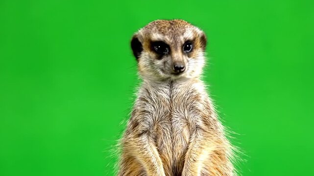 A curious meerkat stands upright on its hind legs against a vibrant green screen background, looking directly at the camera.