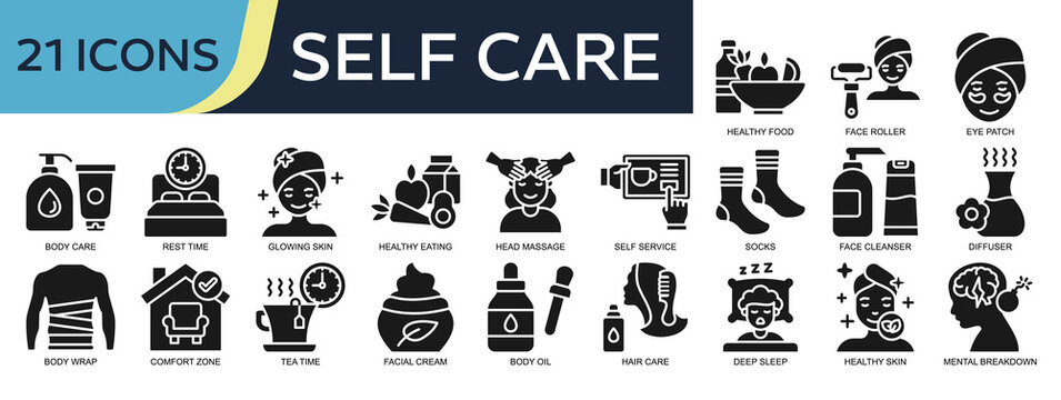 Collection of Self Care icons, related to Healthy food, Body Care, Healthy eating, Self service, Tea time and more. Glyph icons vector illustation.