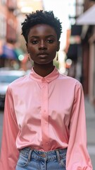 Fototapeta premium a black woman with short hair wearing a pink blouse shirt walking in the street, fashion photography, spring summer collection 