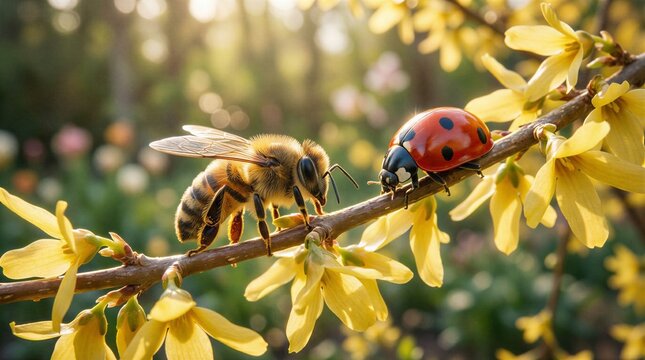 Primavera, risveglio della natura: ape e coccinella su di un ramo di forsizia fiorito