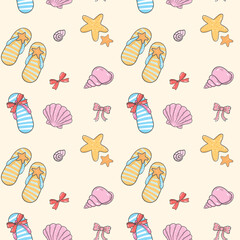 Pastel Pink Seashells and Beach Sandals Seamless Pattern Nautical Summer Background