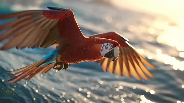 A photorealistic macaw parrot in flight over water, captured from a low angle in a serene environment