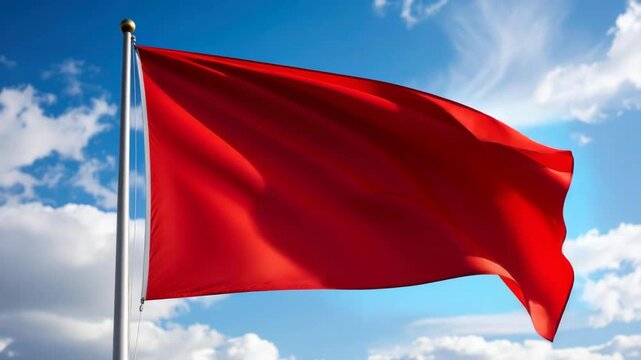 Bright red flag waving against a clear blue sky with fluffy white clouds