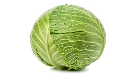 Fototapeta premium A single fresh green cabbage head with water droplets on a white background, showcasing its vibrant color and texture.