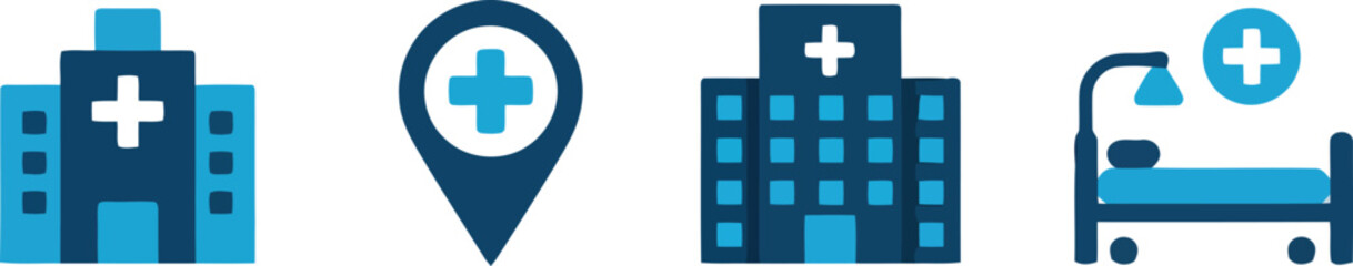 Obraz premium A collection of four textured blue medical icons depicting hospitals and patient care services