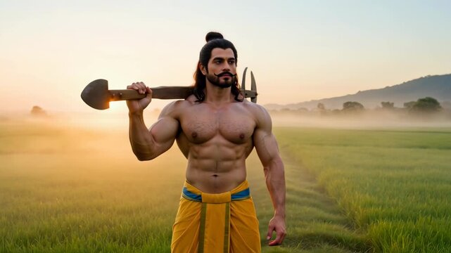 Lord Balarama Depiction, Historical Warrior Man Holding Spear in Traditional Attire Standing in Rice Field at Sunrise