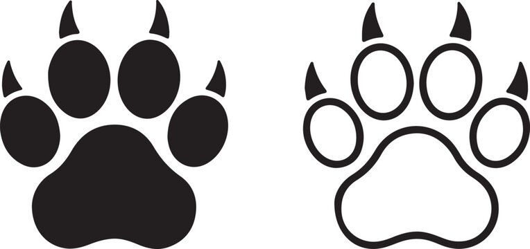 Paw Print Icon Set Black Silhouette and Outline,Animal Footprint Symbols Vector Pack Isolated