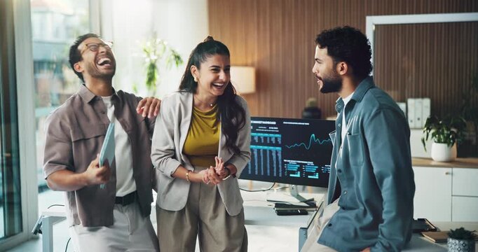 Meeting, high five and team of business people in office with feedback for finance trading with support. Collaboration, laughing and group of financial managers with partnership for investment.