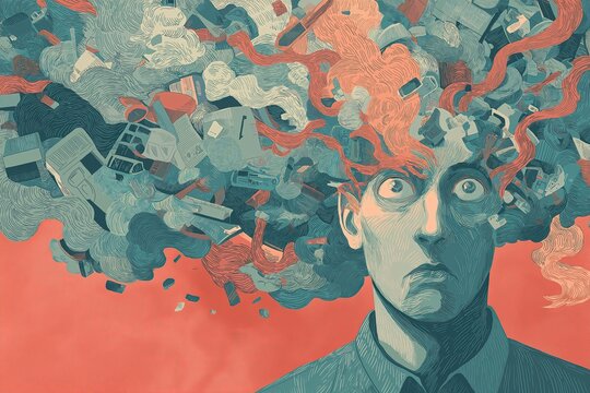 A stylized portrait of an overwhelmed man whose thoughts erupt into a chaotic swirl of objects and smoke, conveying anxiety, stress, creative turmoil and cognitive overload in a surreal illustration.