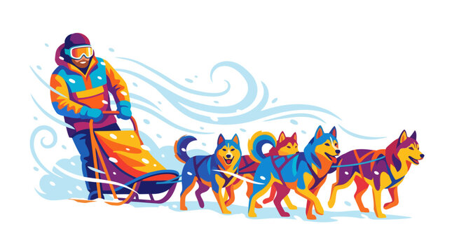 Vibrant Sled Dog Team and Musher in Dynamic Winter Scene.
