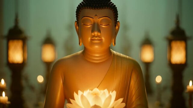 Golden Buddha Statue Holding a Lotus Flower in a Peaceful Meditation Setting with Candlelight and Traditional Lamps