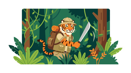 Brave Tiger Explorer with Machete Navigating Dense Jungle Environment.