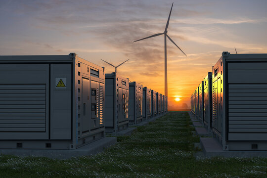 Energy Storage System near a photovoltaic farm.3D rendering.3D rendering.