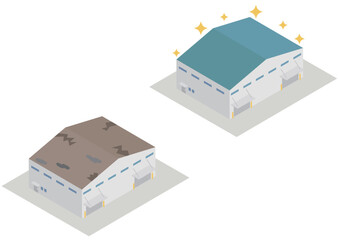 アイソメトリックな工場や倉庫の建物の屋根の修繕の前後素材
