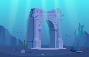 Obraz premium Ancient roman or greek broken arch in ocean. Cartoon underwater ruins and stones. Palace temple architecture element sunken in sea, historical vector background