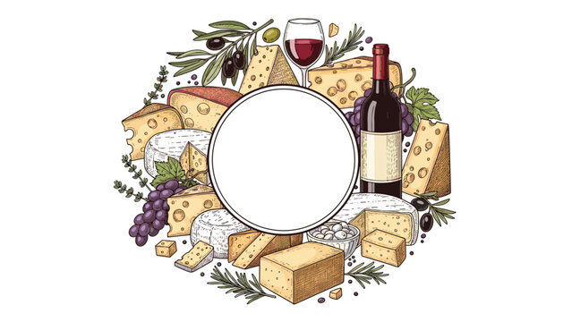 A circular frame with a variety of hand-drawn cheeses, a bottle of red wine, and grapes, with a blank space for text in the center.