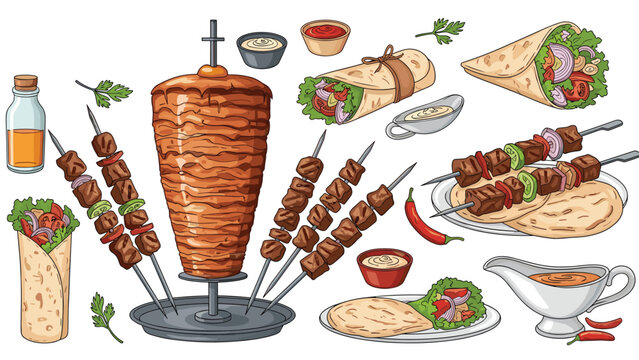 A large, detailed set of hand-drawn doner kebab and shish kebab illustrations, including wraps, skewers, sauces, and a vertical rotisserie.
