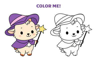 Fototapeta premium Funny kawaii sheep or goat coloring template. Color page for kids with sample. Cute animal in Halloween costume, adorable witch with magic wand, vector design