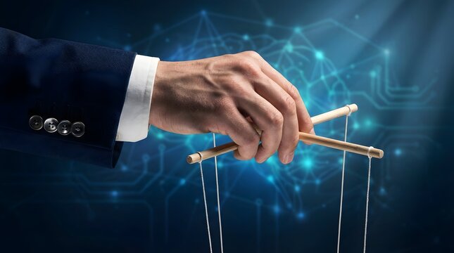Businessman hand in suit holding wooden puppet strings controls with digital network cyber technology geometric pattern blue background