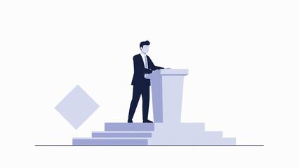 Obraz premium Businessman Speaking at Podium on Stage with Steps and Geometric Shapes