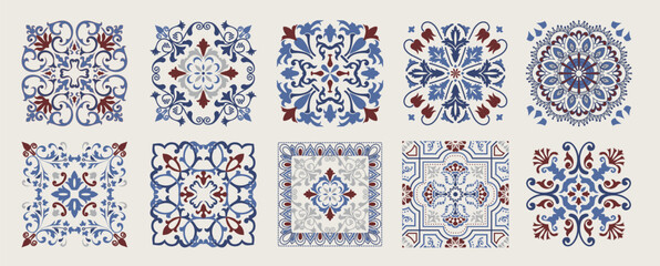  Set of 10 tiles azulejios. Mediterranean tile, seamless patterns. Spanish, Sicilian, Portuguese, Italian traditional ornaments. Set of floral mosaic designs with ethnic motifs. vector © nataliiaku