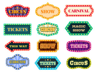 Circus text emblems. Retro style signboards for show, entertainment, carnival. Decorative signs vintage design for ticket sale, advertising banner, sapid vector set