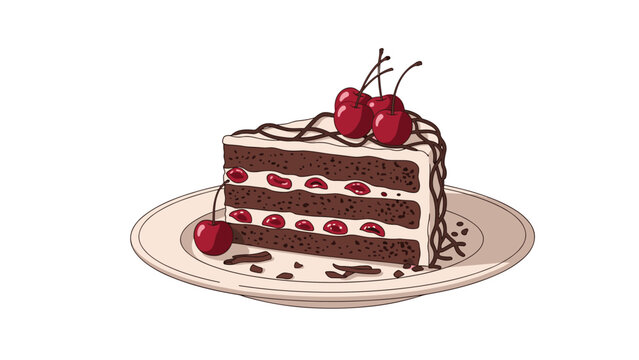 A delicious slice of traditional German Black Forest cake on a plate, layered with chocolate, whipped cream, and sweet cherries.