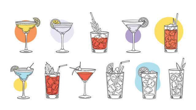 A large collection of hand-drawn classic cocktails in various glasses, illustrated in a stylish sketch style with colorful abstract shapes.