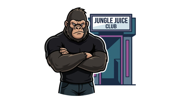 Strong Gorilla Bouncer Standing Guard at Nightclub Entrance.