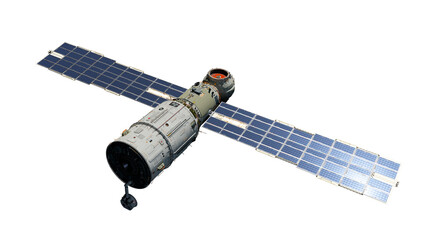 Scientific space station with solar panels in orbit.