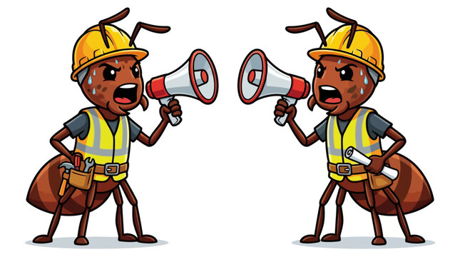 Angry Ant Workers Shouting Through Megaphones Wearing Hard Hats and Vests.
