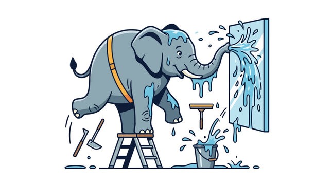 Elephant Window Washer Cleaning Glass with Water and Tools.