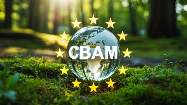 A glass globe with "CBAM" text and stars around it rests on green moss in a sunlit forest, symbolizing environmental awareness and global sustainability.