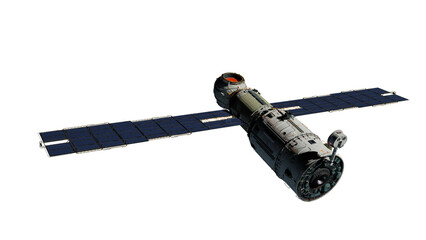 Scientific space station with solar panels in orbit.