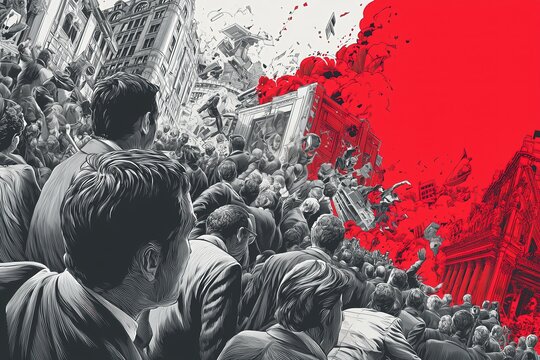 A dramatic illustrated crowd watches as an urban scene collapses into red chaos, evoking protest, financial crisis, revolution and mass panic in a stylized, high-contrast digital engraving.