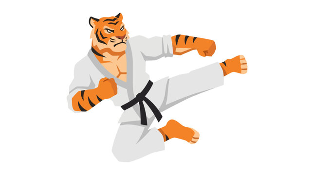 Dynamic Tiger Practicing Martial Arts Kick in White Kimono.