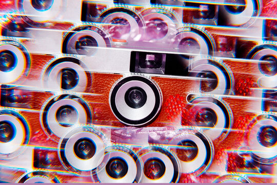 Retro camera with kaleidoscopic rhinestone heart and prismatic effect