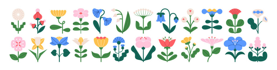 Plakat Floral design elements, abstract folk style flowers set. Spring and summer blossoms with delicate petals, leaves. Nature decor of geometric shape. Flat vector illustration isolated on white background