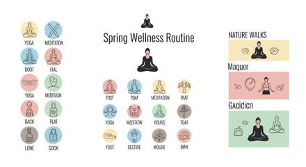 Spring wellness routine illustrations showcasing various yoga poses and meditation techniques in a serene environment from a top viewpoint