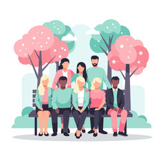 Diverse Group of People Sitting Together on a Bench Under Trees in a Park