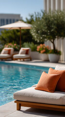 Obraz premium Poolside relaxation area with sun loungers and orange pillows at a luxury boutique hotel