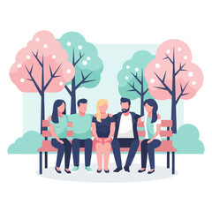 Group of friends sitting together on a bench surrounded by trees in a serene park environment