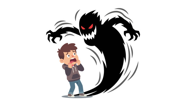 Young boy terrified by a menacing shadow monster representing fear and anxiety.