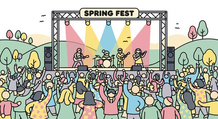 Vibrant crowd enjoying live music at outdoor Spring Fest celebration from a high viewpoint