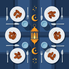 A serene Ramadan dinner setting with dates and lantern on a blue tablecloth viewed from above